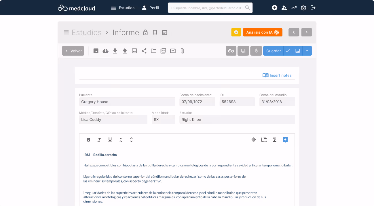 Captura de pantalla del informe médico digital del paciente Gregory House, con detalles de la radiografía de la rodilla derecha y un análisis escrito en español sobre hipoplasia e irregularidades articulares.