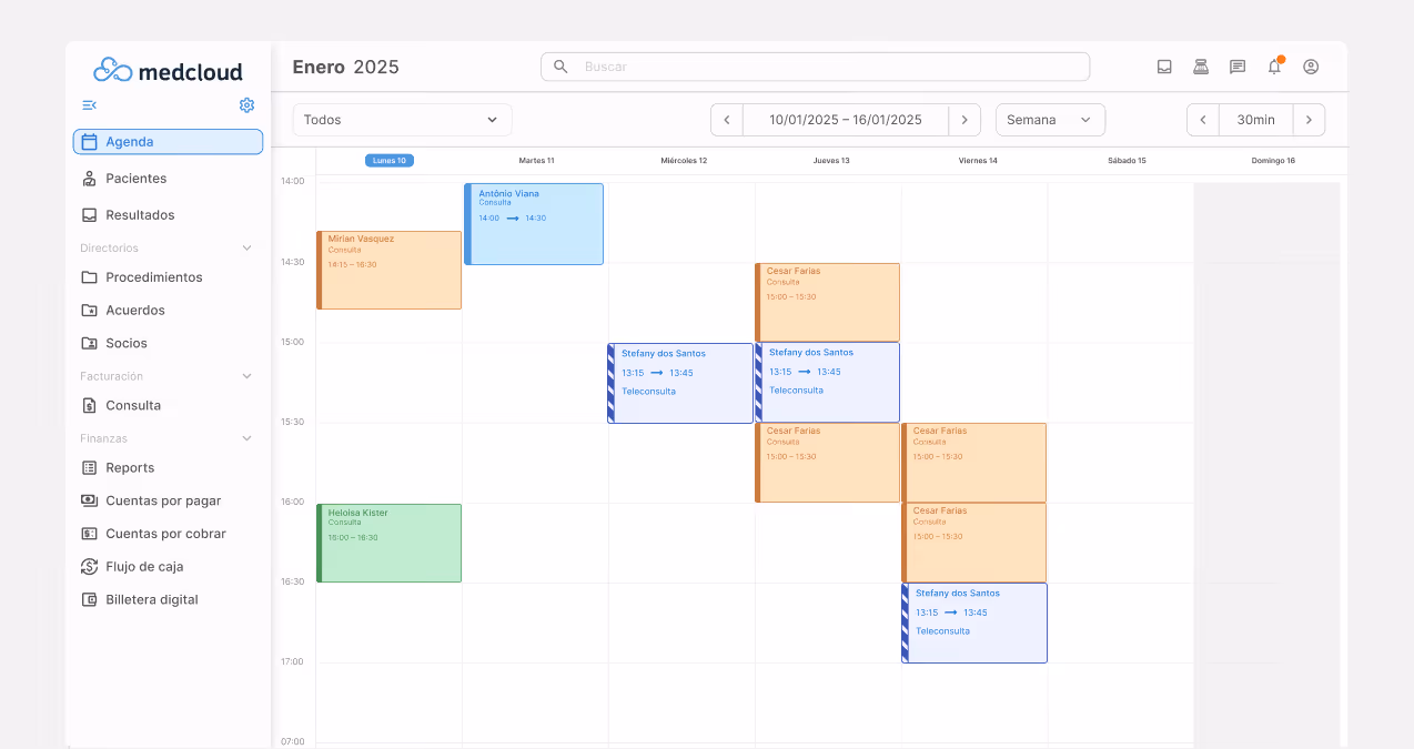 Interfaz de agenda digital de Medcloud que muestra citas y teleconsultas programadas del 10 al 16 de enero, con varias citas listadas incluyendo consultas médicas.