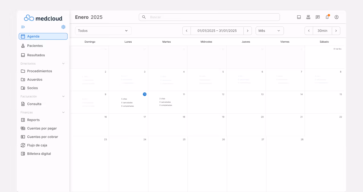 Calendário de janeiro exibindo uma agenda mensal com dias da semana e contagem de consultas, cancelamentos e completadas; painel lateral com menu incluindo Agenda, Pacientes, Resultados, Procedimentos, Acuerdos, Socios, Consulta, Reports, Cuentas por pagar, Cuentas por cobrar, Flujo de caja e Billetera digital.