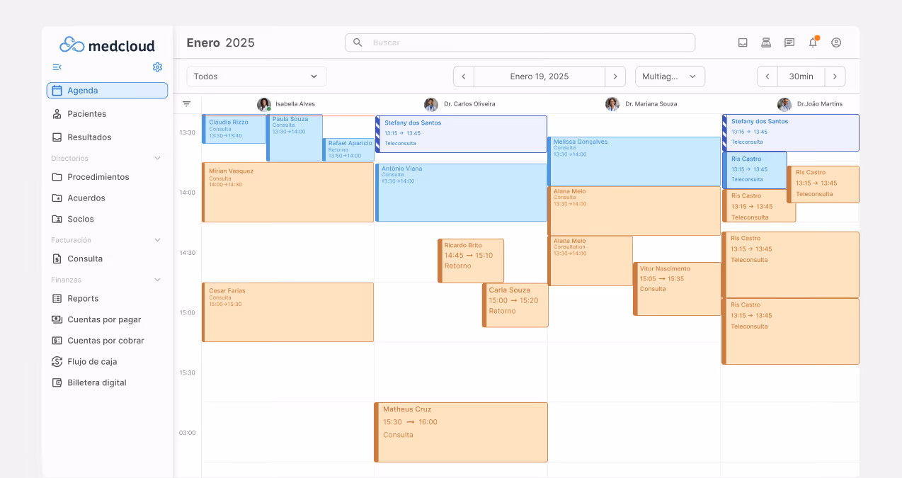Calendario de consultas médicas en enero de con varios horarios y nombres de pacientes asignados a diferentes médicos.