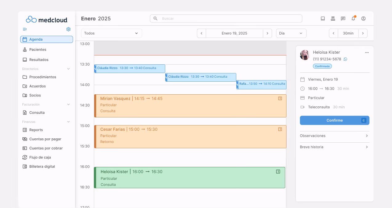 Agenda médica digital mostrando citas del 19 de enero de con horarios, nombres de pacientes, tipos de consulta y un panel de detalles de cita para Heloisa Kister.