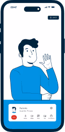 Pantalla de videollamada en smartphone con ilustración de hombre saludando y barra de control de la llamada.