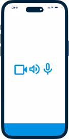 Pantalla de smartphone con iconos azules de vídeo, sonido y micrófono centralizados.