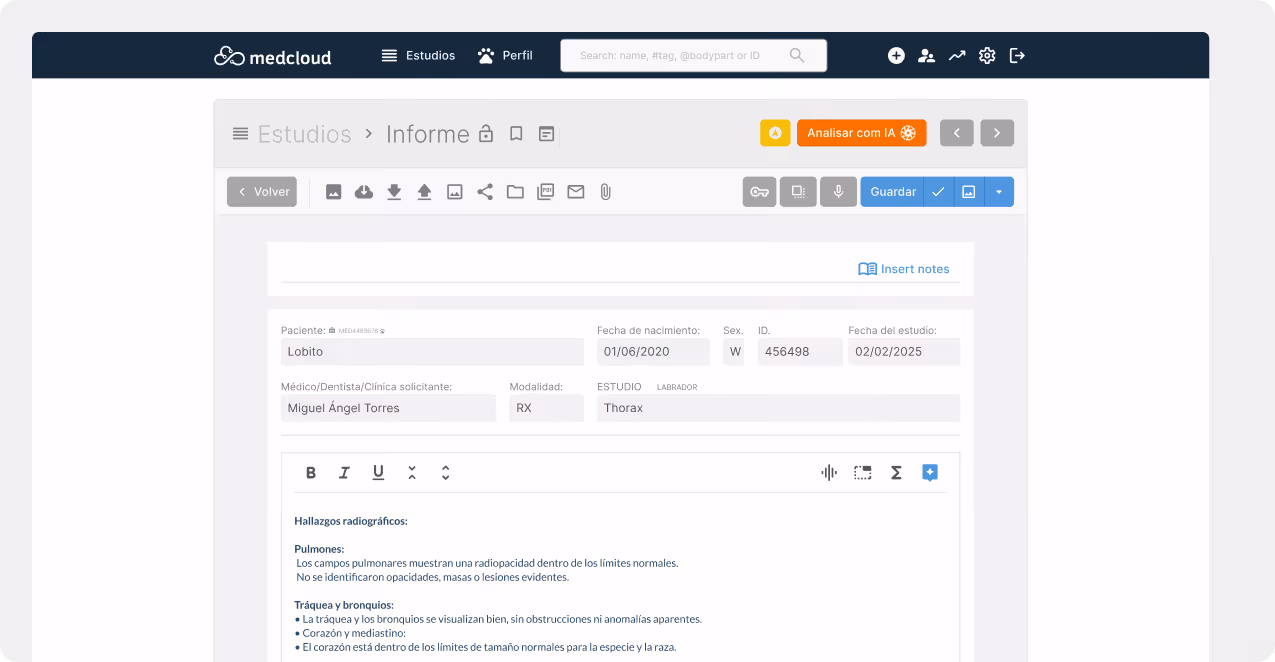 Interfaz de informe médico de Medcloud con datos del paciente Lobito, médico Miguel Ángel Torres, estudio de tórax RX, y hallazgos radiográficos.