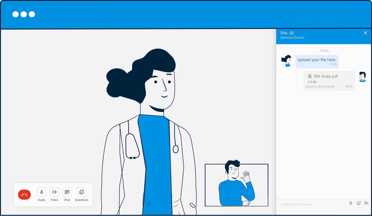 Video medical consultation screen with doctor, patient waving and chat for file upload.