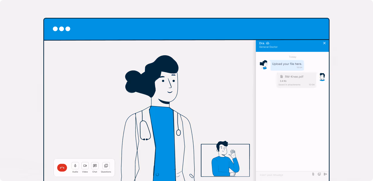 Video conference screen between a doctor and a patient with chat where the doctor requests file submission.