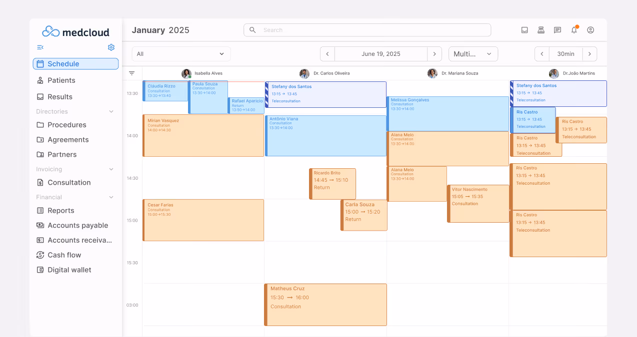Digital medical calendar displaying scheduled appointments and teleconsultations with different doctors.