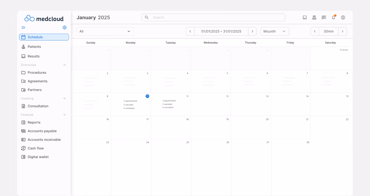 Calendar of the month showing daily appointments with filter options by date, period and duration in the Medcloud system.
