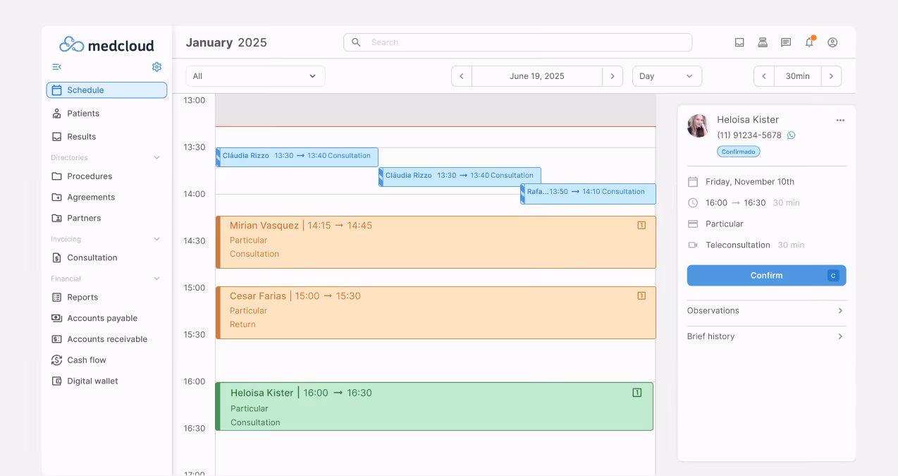 Medcloud digital agenda showing appointments scheduled, with schedules and details of patients Mirian Vasquez, Cesar Farias, and Heloisa Kister, including confirmation status and options for observations and history.