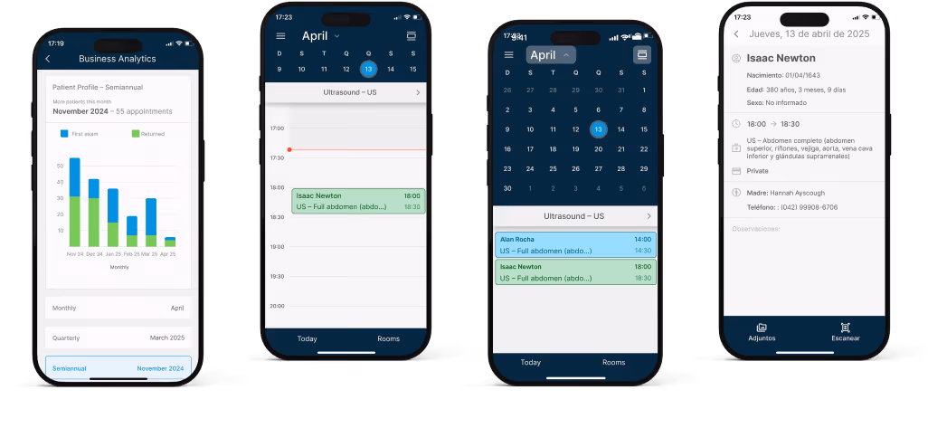 Mobile application showing business analysis with examination chart, ultrasonography scheduling for different patients in the April calendar, and patient details of Isaac Newton with medical and contact information.