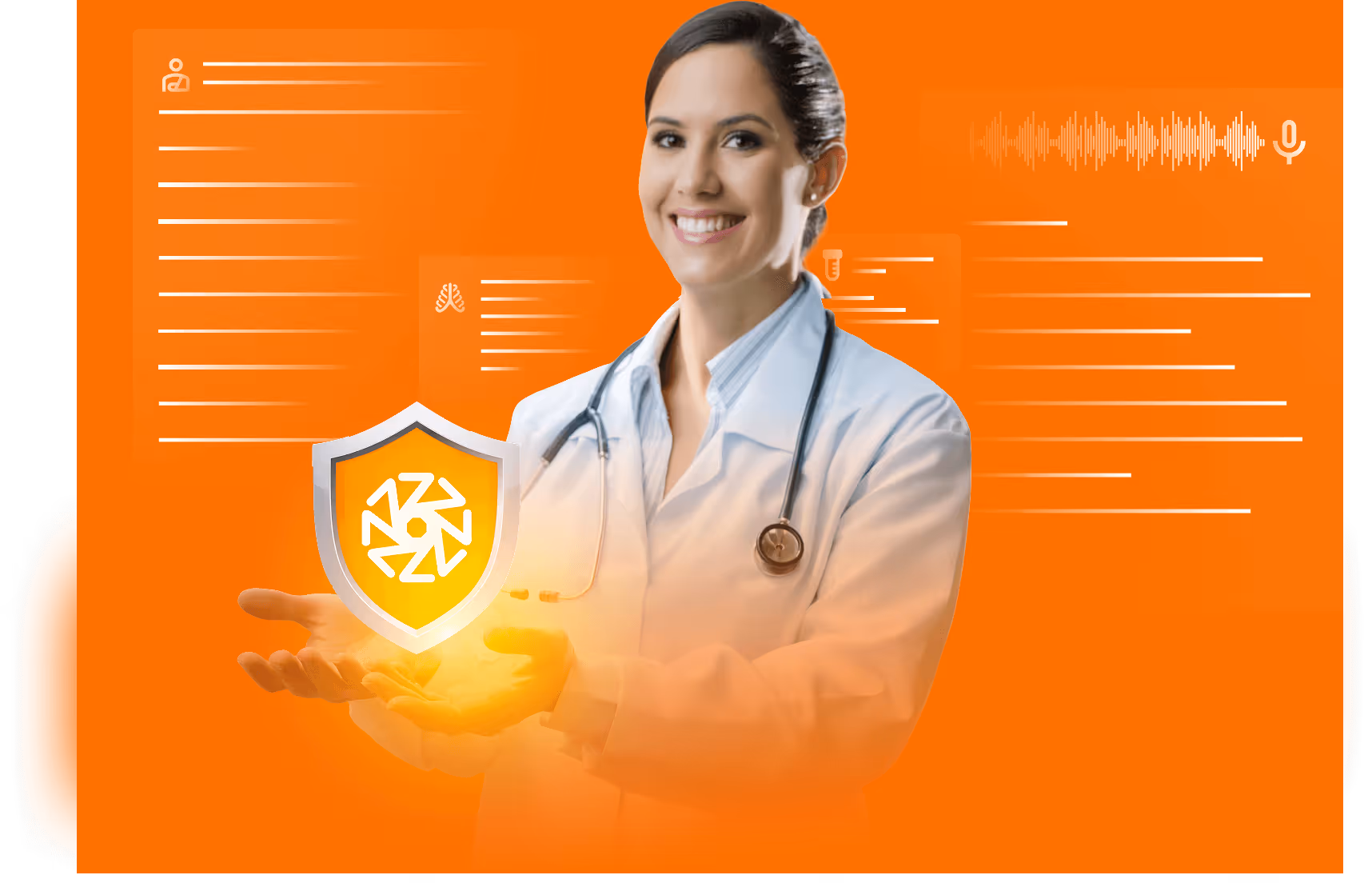 Médica sorridente com jaleco e estetoscópio segurando escudo brilhante com símbolo tecnológico, fundo laranja com elementos digitais