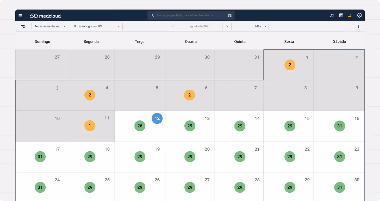 Medcloud digital calendar showing numbers in green, blue and orange circles indicating events or status on specific days.