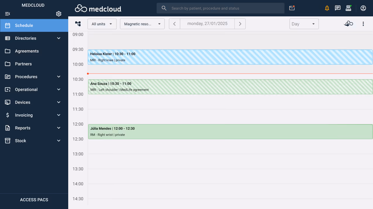 Medcloud agenda showing MRI appointments on January 27, 2025, including patients Heloisa Kister, Ana Souza and Júlia Mendes with examination schedules and details.