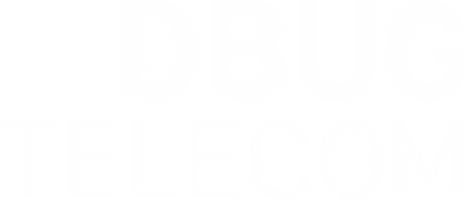 Logotipo da empresa DBUG Telecom em texto branco sobre fundo transparente.