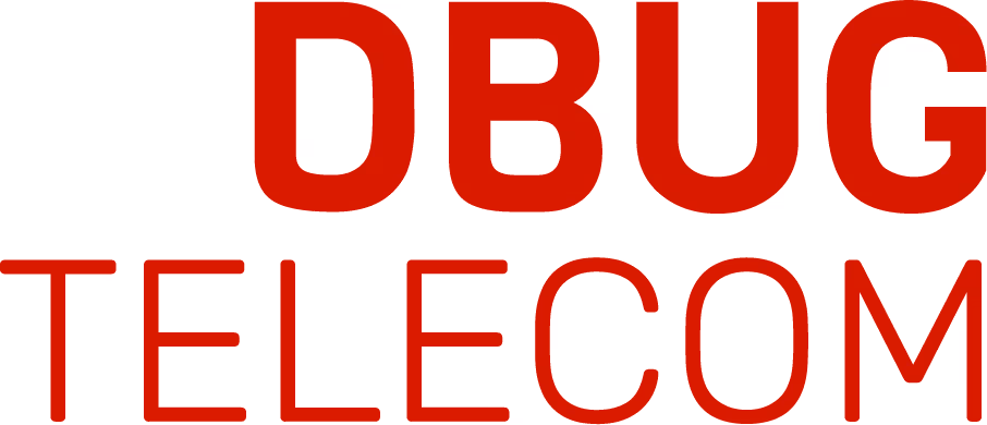 Logotipo da DBUG TELECOM em letras maiúsculas vermelhas.