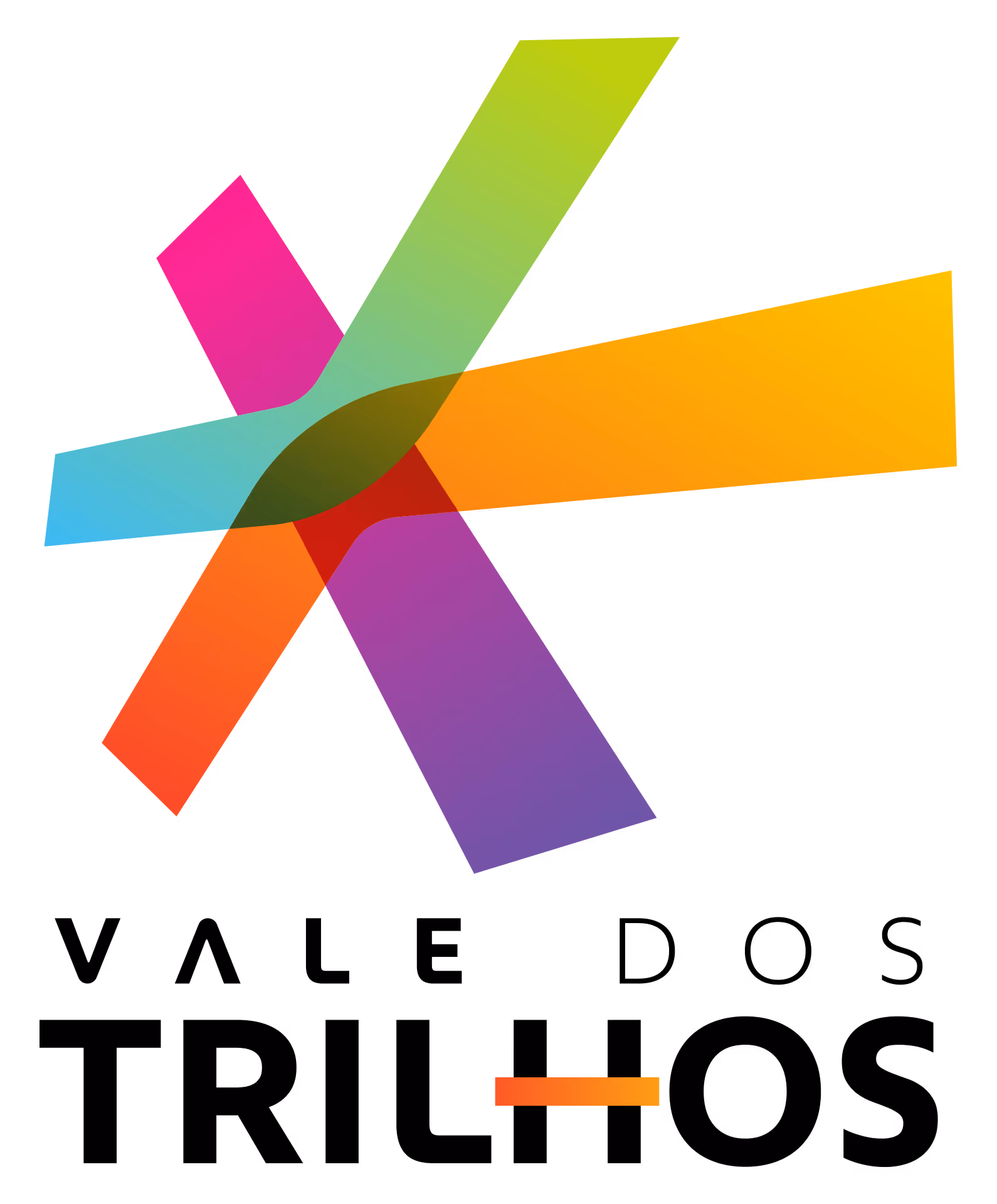 Logotipo colorido formando um padrão em forma de X sobre fundo preto.