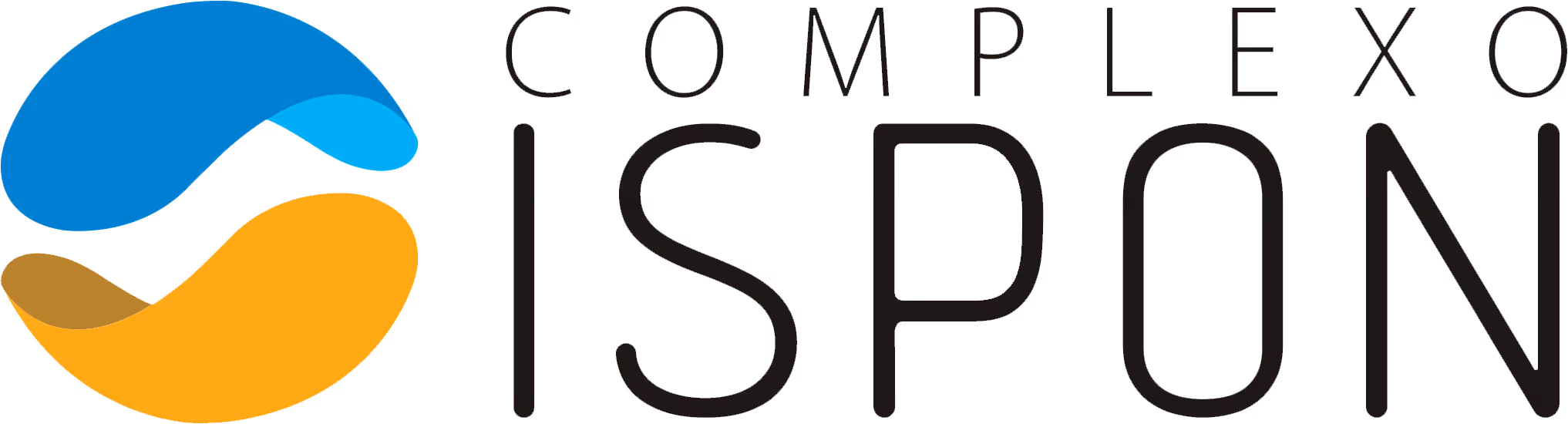 Logotipo do Complexo Ispun com formas curvas azuis e laranjas e texto em preto.