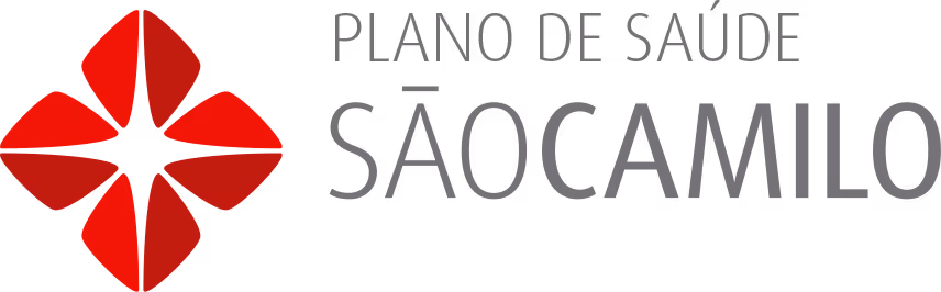 Logotipo do Plano de Saúde São Camilo com símbolo vermelho e texto cinza.