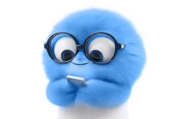 Personagem azul felpudo com óculos redondos segurando um celular.