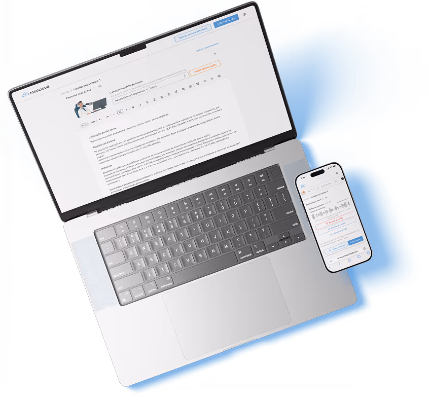 Laptop e celular exibindo interface de criação e transcrição de laudos médicos no software Medcloud.