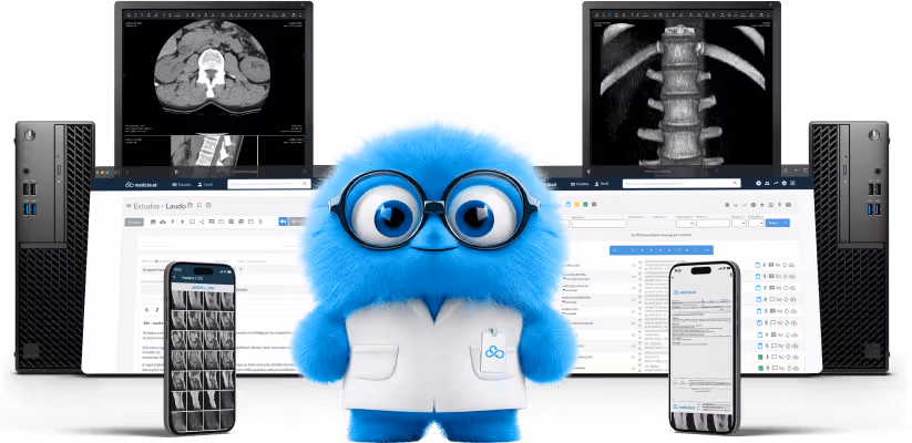 Mascote azul fofinho com óculos e jaleco branco, em frente a computadores e celulares mostrando imagens médicas e relatórios.