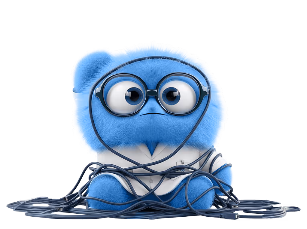Personagem azul fofo com óculos grandes sentado enrolado em vários cabos USB.