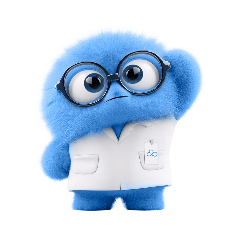 Personagem fofo azul com pelos, usando óculos redondos e um jaleco branco com crachá.