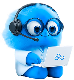 Personagem fofo azul com óculos e headset usando um laptop branco com ícone de nuvem.