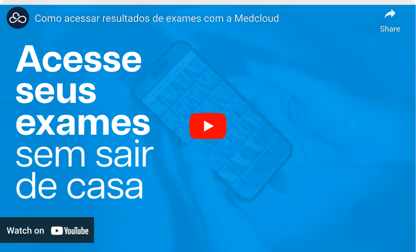 Tela de vídeo do YouTube com a mensagem: Acesse seus exames sem sair de casa, mostrando mãos segurando um celular com imagens de exames médicos.