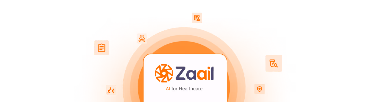 Logo da Zaail com o texto 'AI for Healthcare' em um fundo laranja com ícones médicas ao redor.