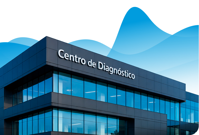 Prédio moderno com fachada de vidro azul e placa indicando Centro de Diagnóstico.