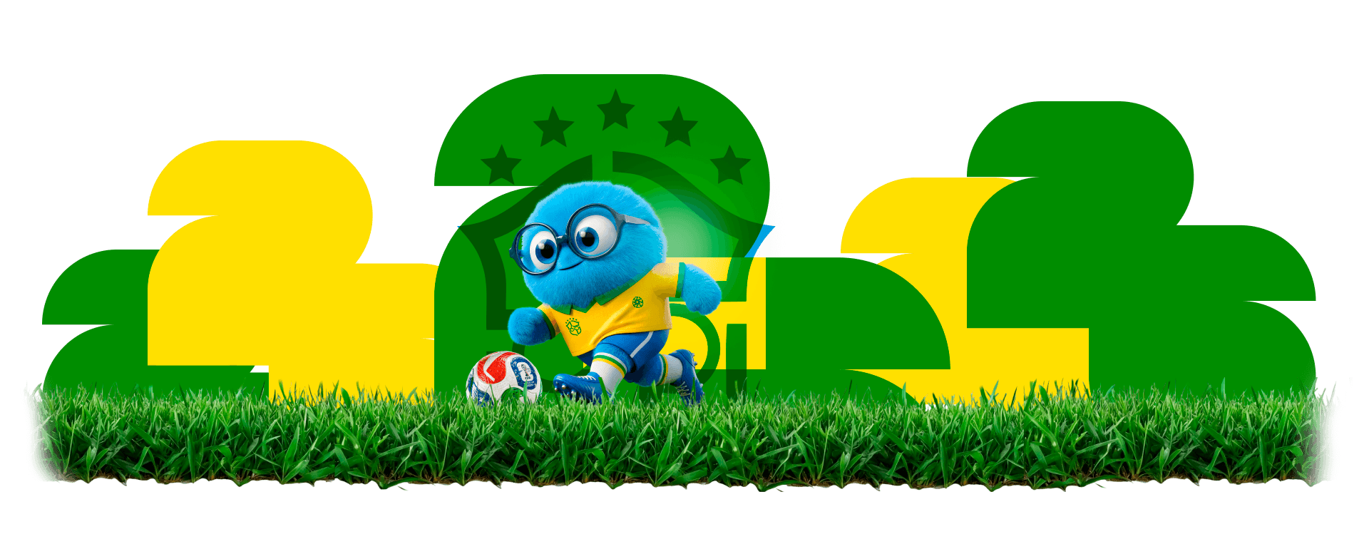 Claudinho - Mascote azul peludo com óculos grandes e jaleco branco usando crachá.