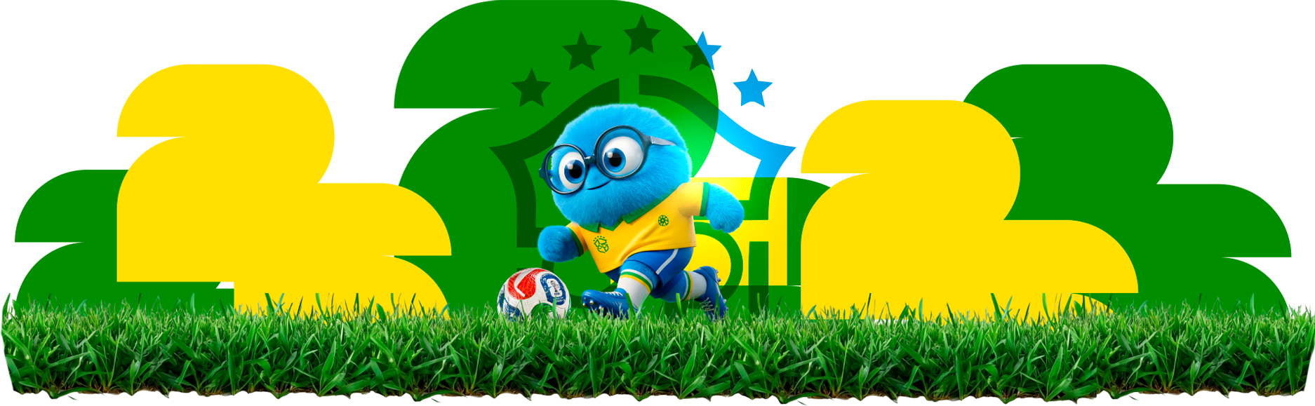 Claudinho - Mascote azul peludo com óculos grandes e jaleco branco usando crachá.