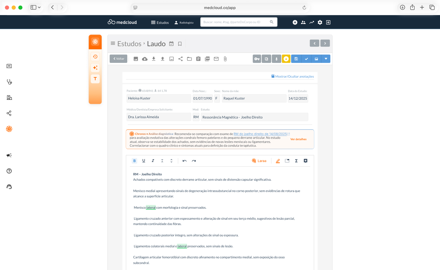 Tela do sistema Medcloud mostrando laudo de ressonância magnética do joelho direito de paciente Heloisa Kuster com detalhes do exame e histórico clínico.
