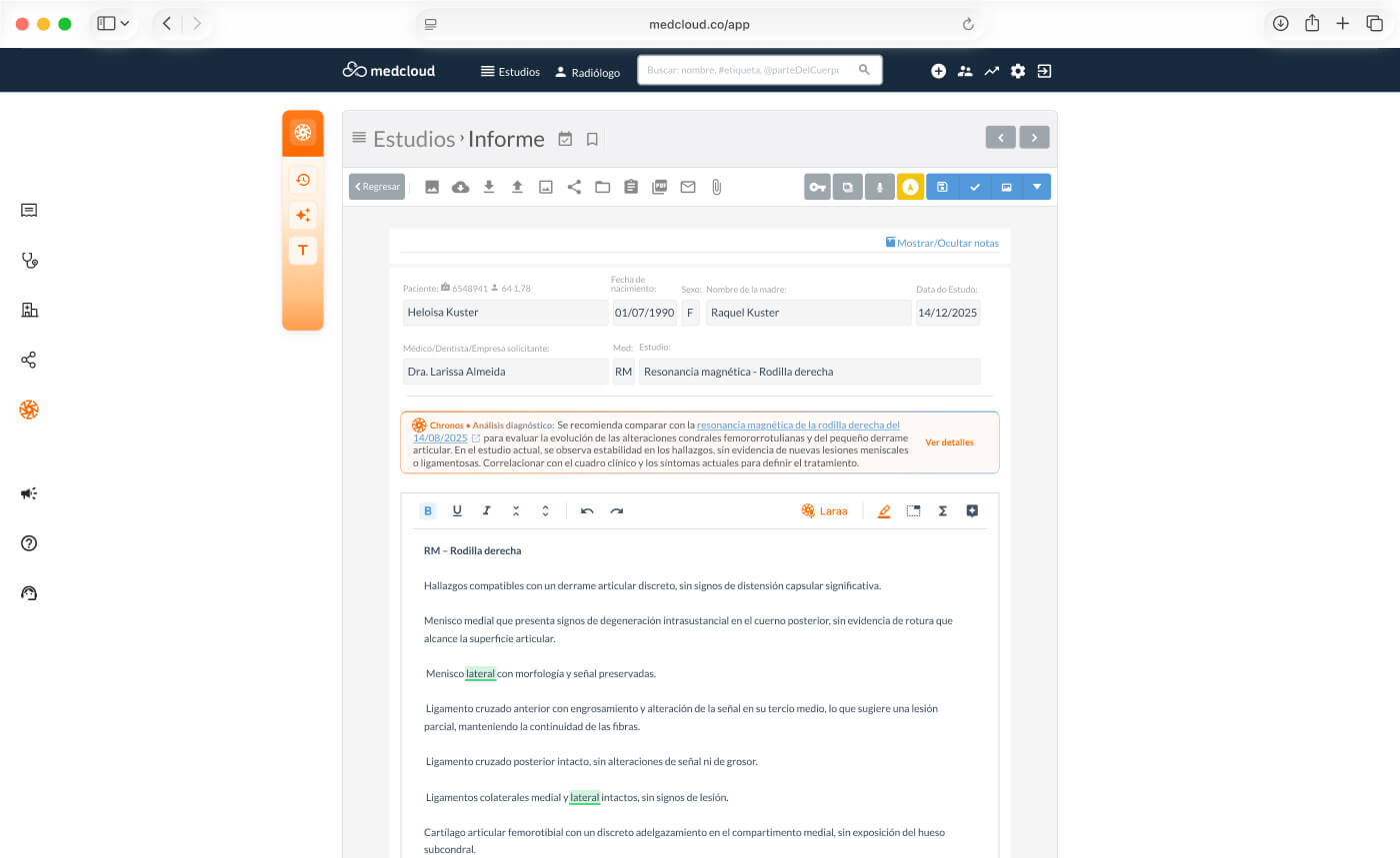 Tela do sistema Medcloud mostrando laudo de ressonância magnética do joelho direito de paciente Heloisa Kuster com detalhes do exame e histórico clínico.