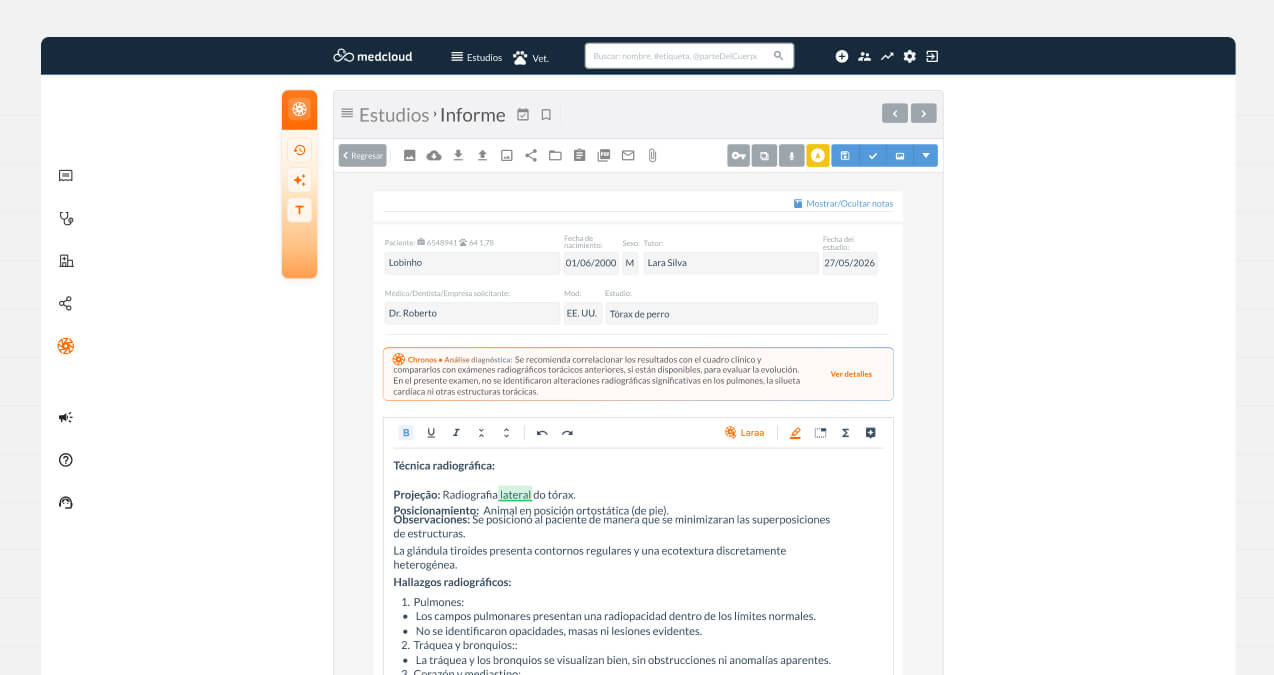 Interfaz de informe médico de Medcloud con datos del paciente Lobito, médico Miguel Ángel Torres, estudio de tórax RX, y hallazgos radiográficos.