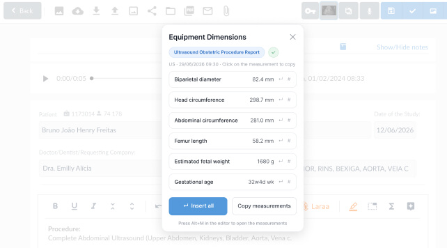 Imagem Feature PACS - Modal de Medidas do equipamento 
