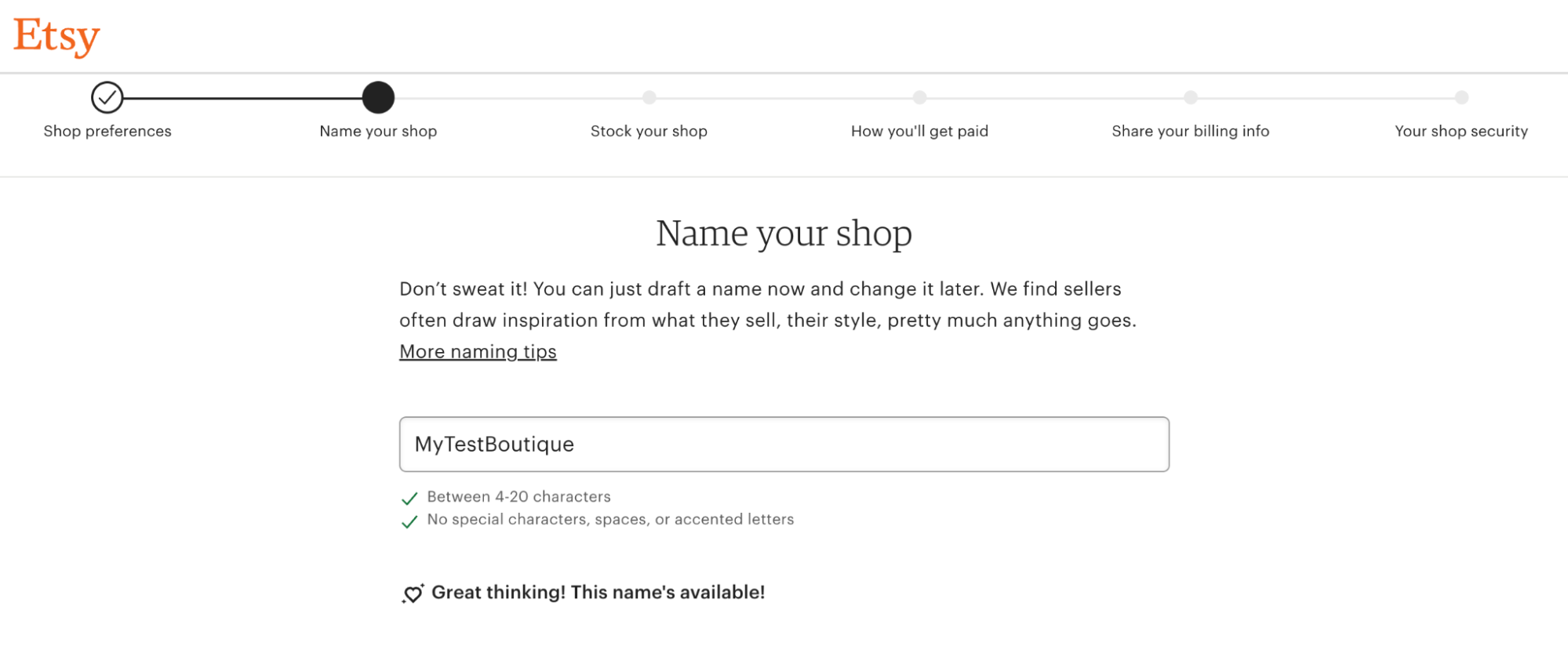 Etsy shop creation flow includes a stage for naming your store