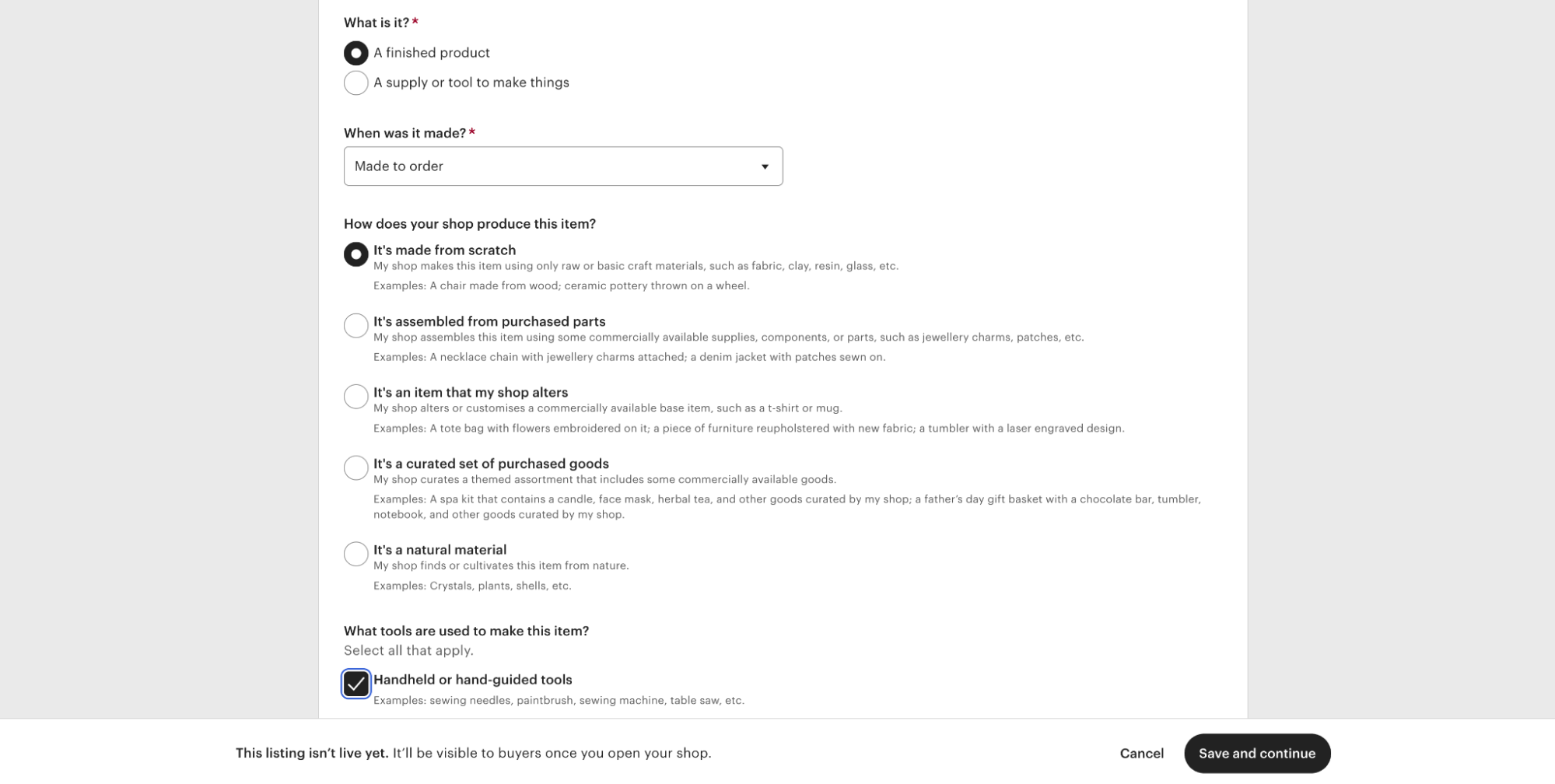 New Etsy listing form with sections to add production details.
