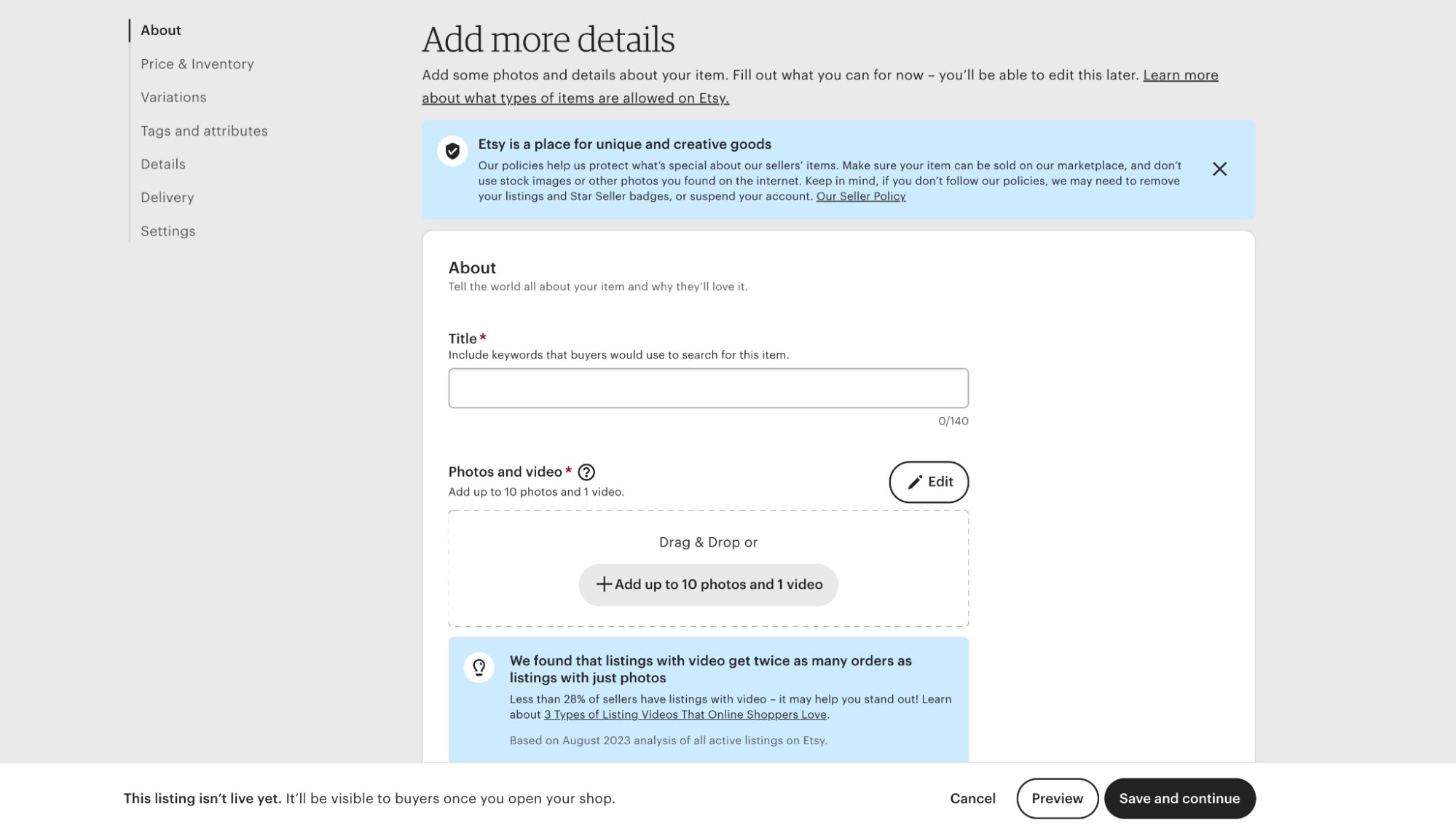 New Etsy listing form with sections to add a title, photos, and videos.