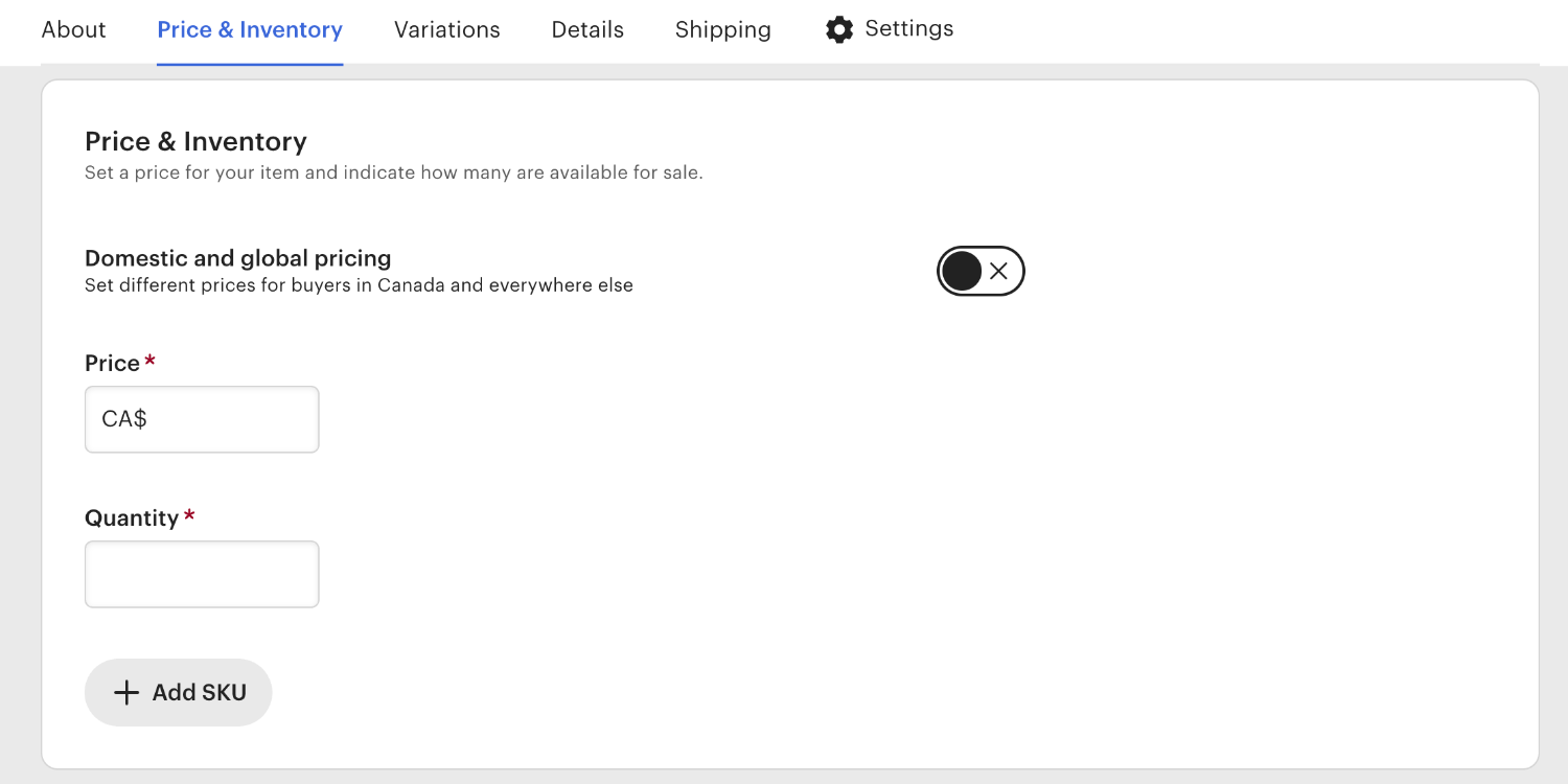 Etsy Price and Inventory settings with options for price, quantity, and SKU addition.