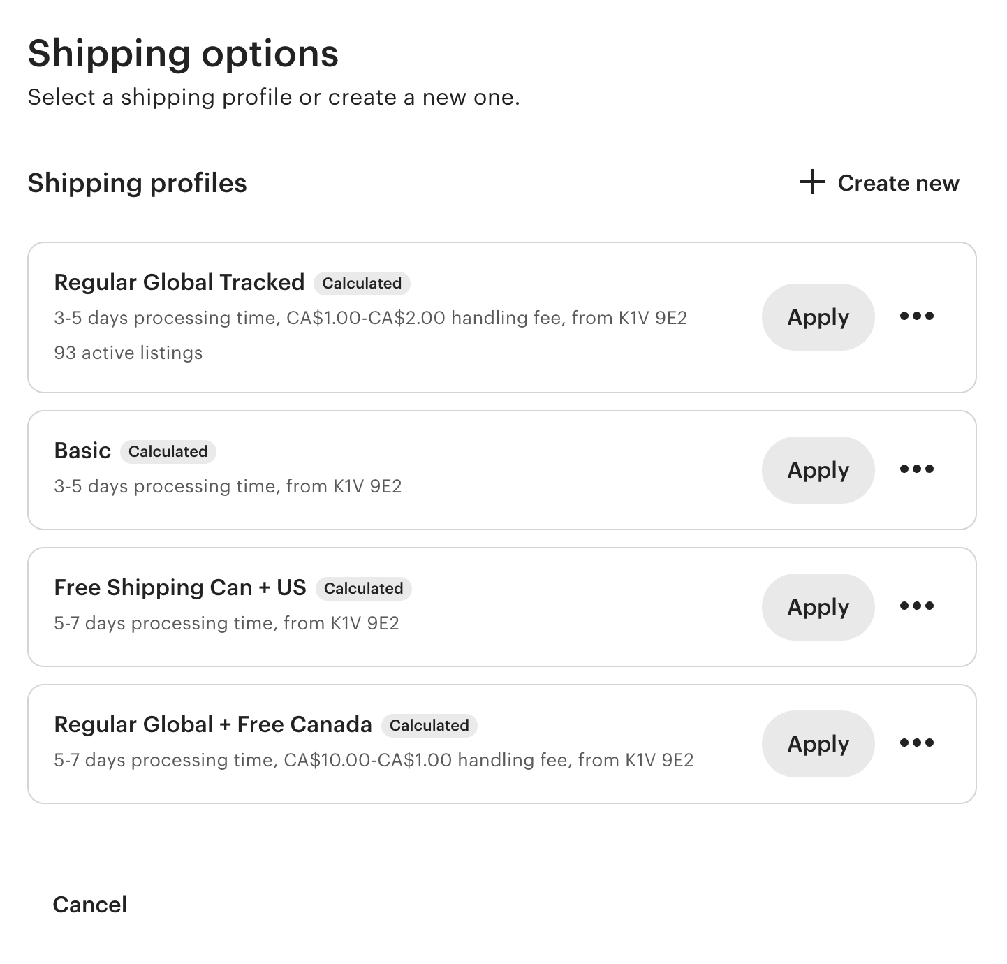 Etsy shipping profile options with calculated rates and processing times
