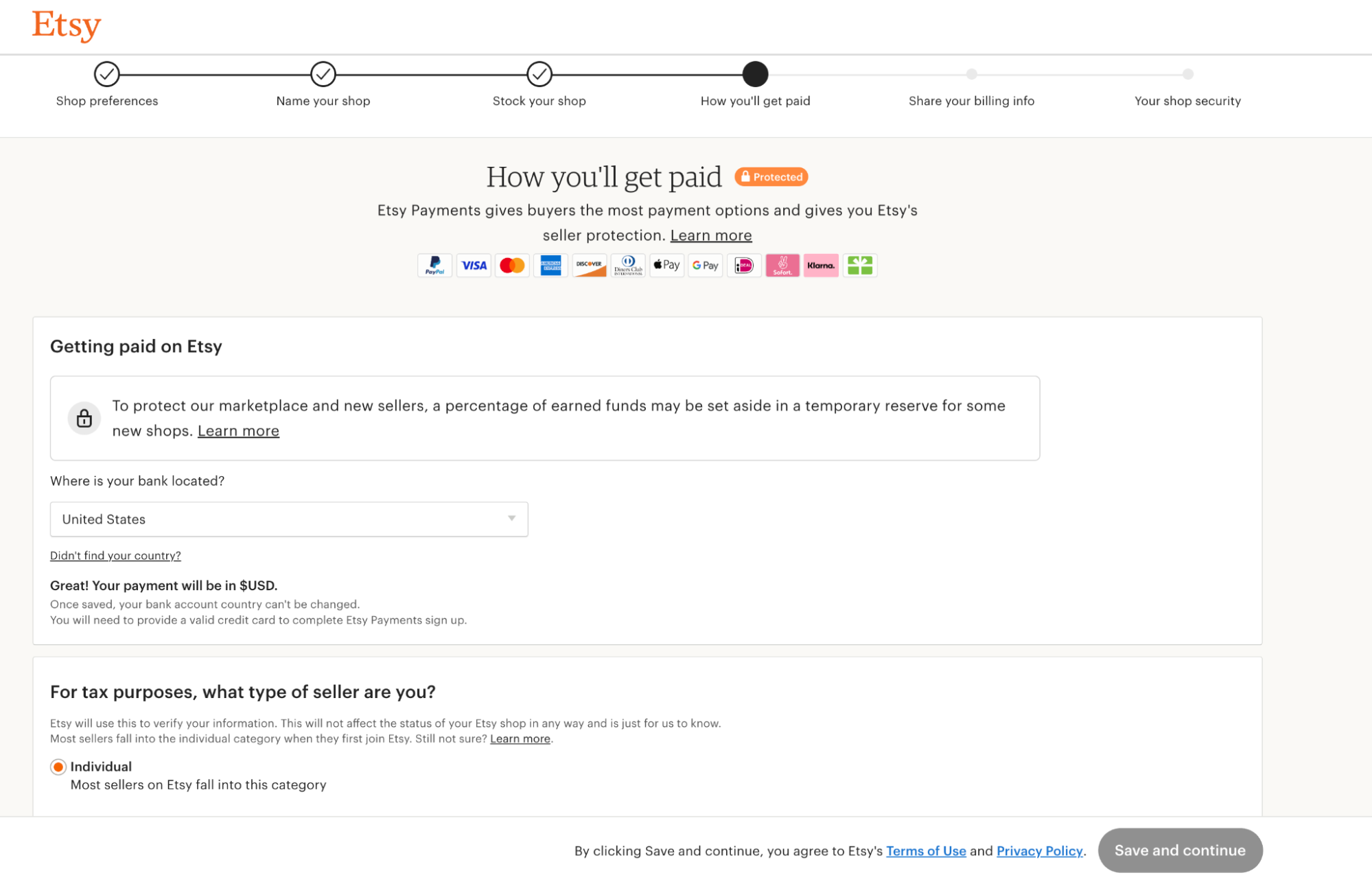 The Etsy shop creation flow includes a step for adding the seller's bank information