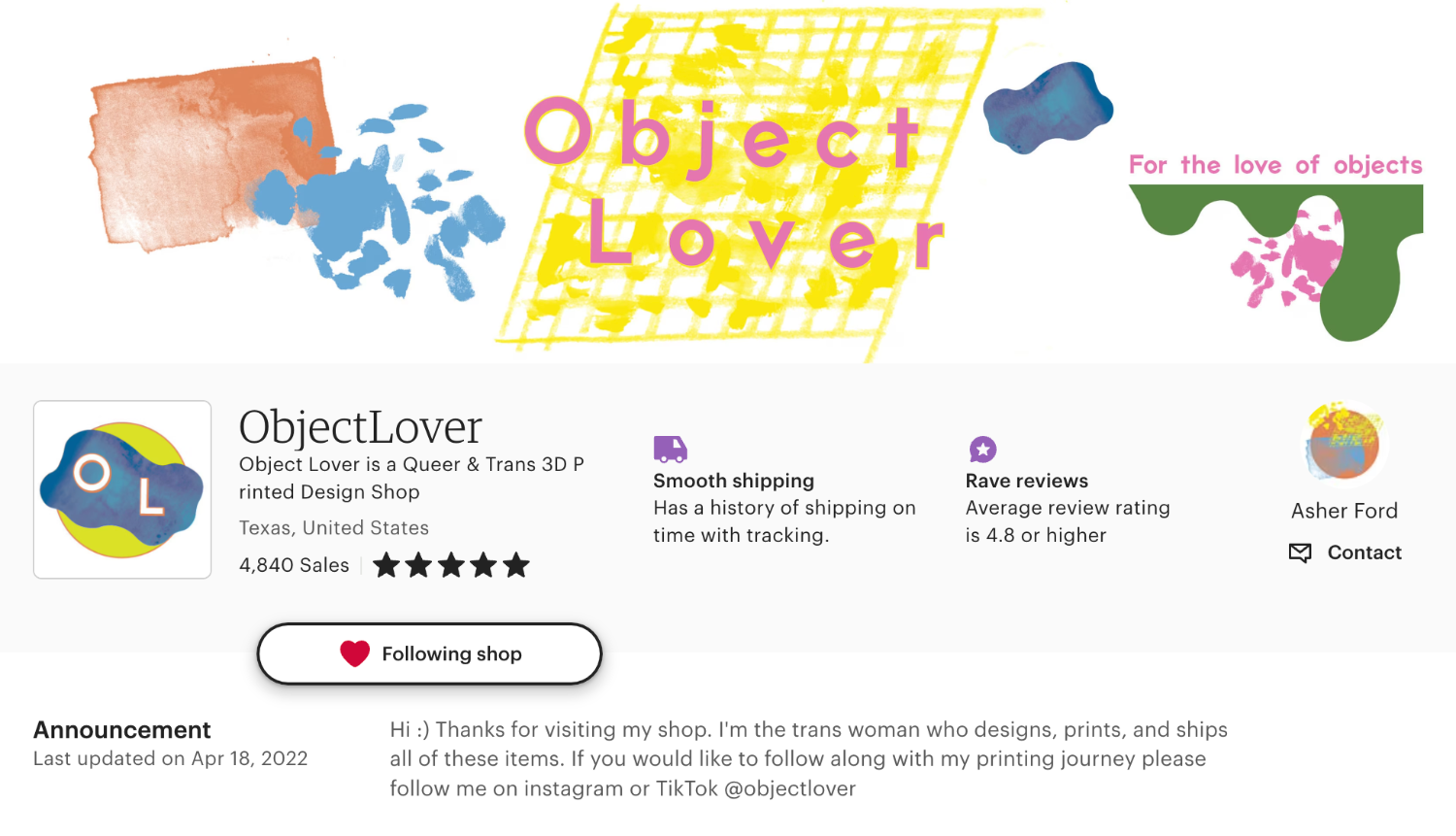 Etsy shop profile for ObjectLover, with sales stats, shipping info, reviews.