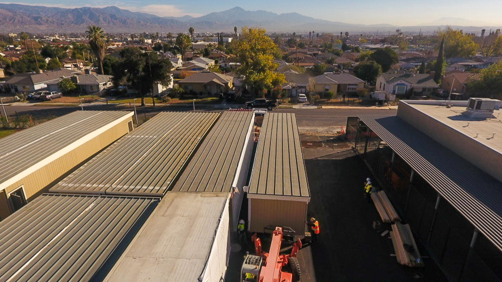 Aerial view of new metal roofing installed on a modular building