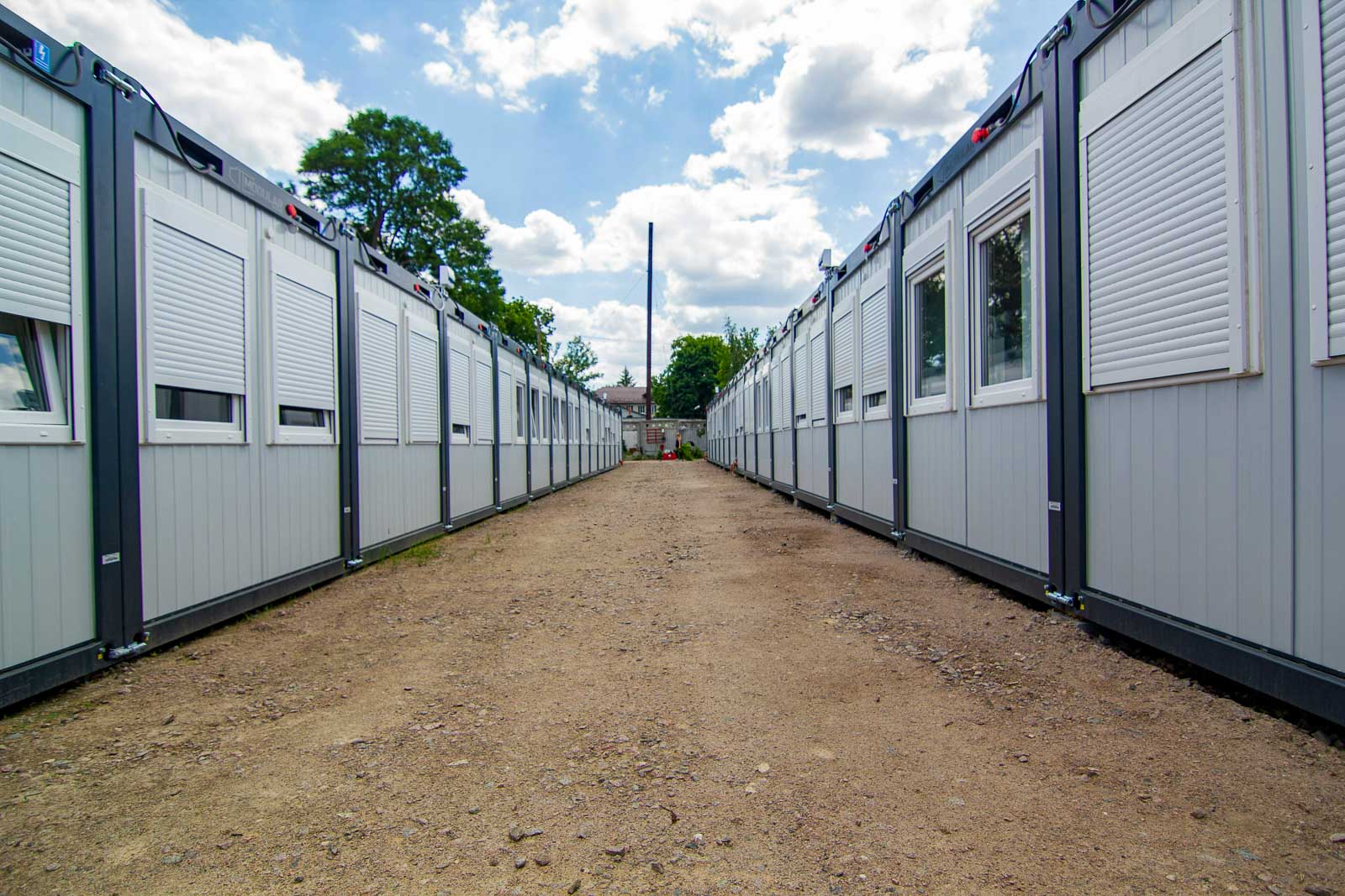 Rows of modular units set up as a temporary facility complex