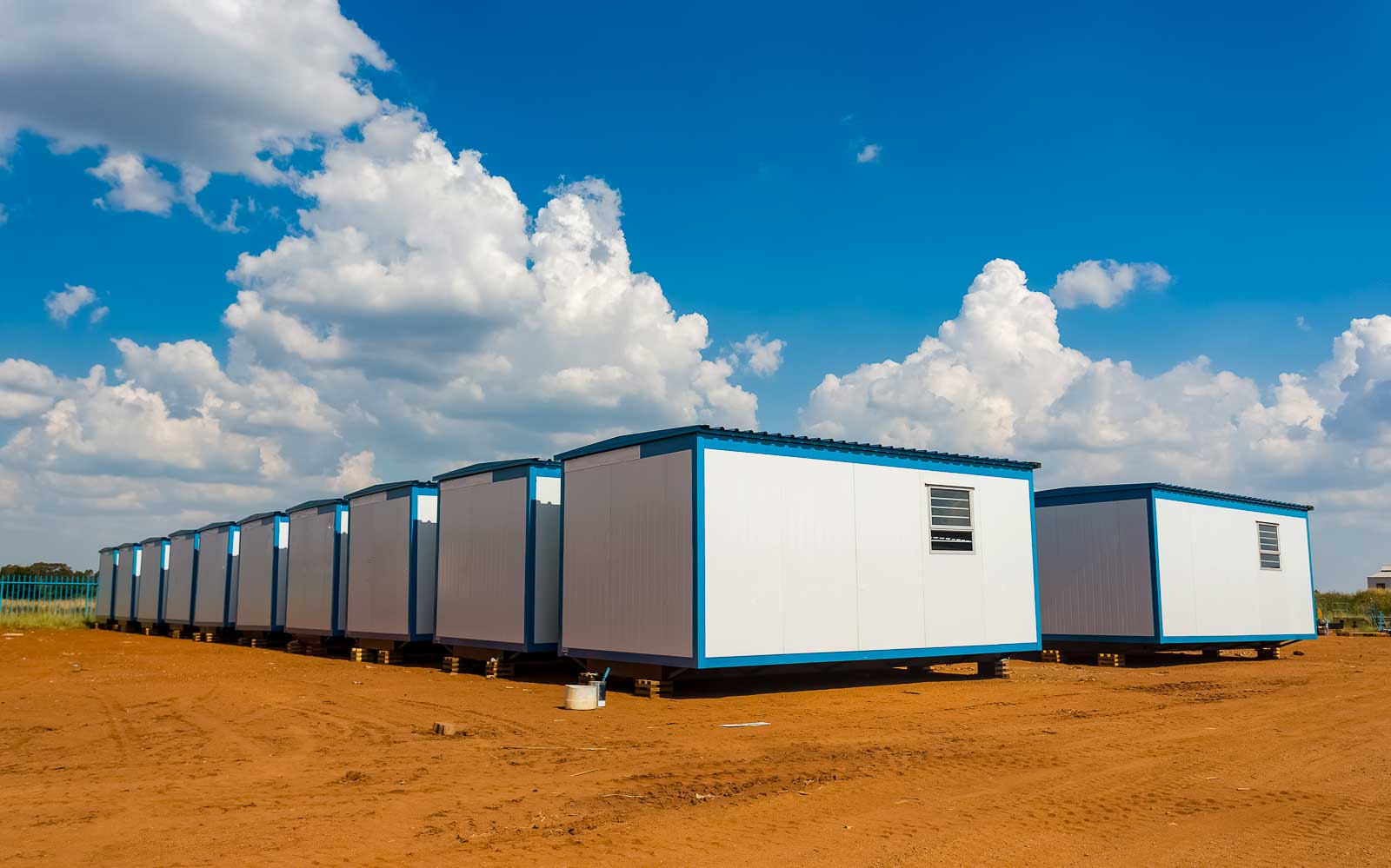 Row of modular office buildings installed on a prepared lot