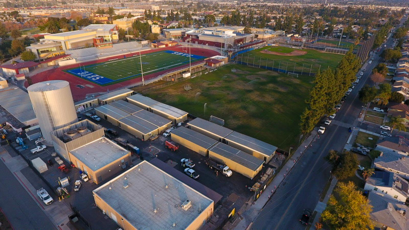 Aerial view of modular classroom buildings on a school campus