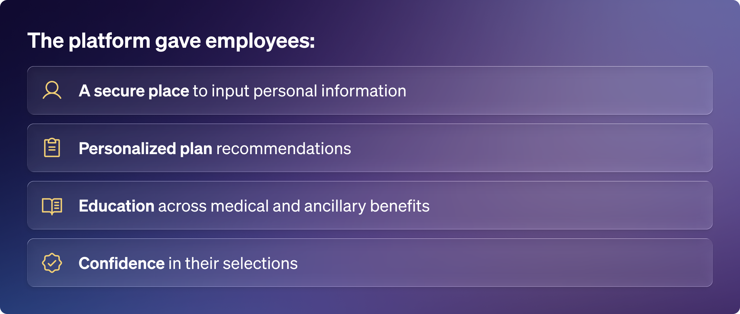 The platform gave employees: A secure place to input personal information; Personalized plan recommendations; Education across medical and ancillary benefits; Confidence in their selections