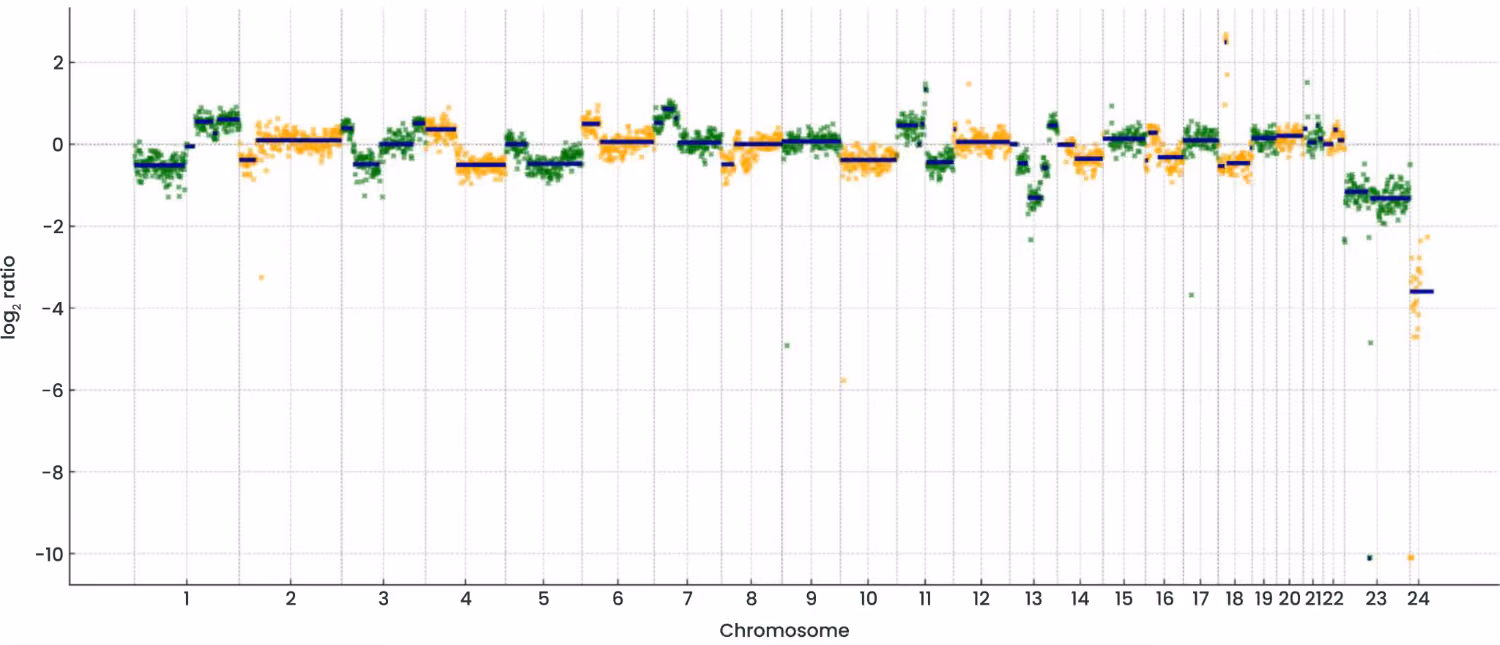 Figure 6. Genome-wide CNV analysis of EGM data from the MEC-1 cell line. Chromosome-by-chromosome copy number profiles display gains and losses across the genome, consistent with known aberrations in the MEC-1 cell line.*The CNV pipeline is an exploratory research tool under active development. Pipeline outputs have not been analytically validated and are subject to change.2